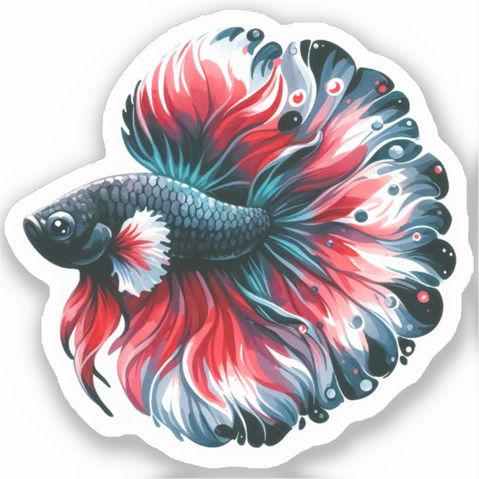 Waterverf Betta Fish Zwart Wit en Rood Sticker (Voorkant)