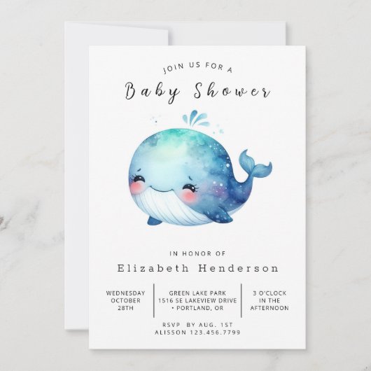 Waterverf bewerkbaar walvis Baby shower Kaart (Voorkant)