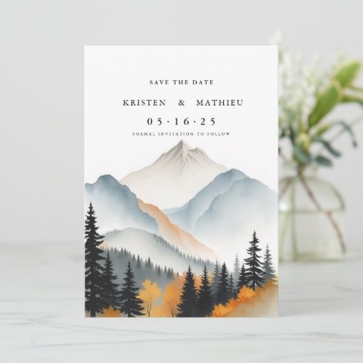 Waterverf bewerkbare berg save the date (Staand voorkant)