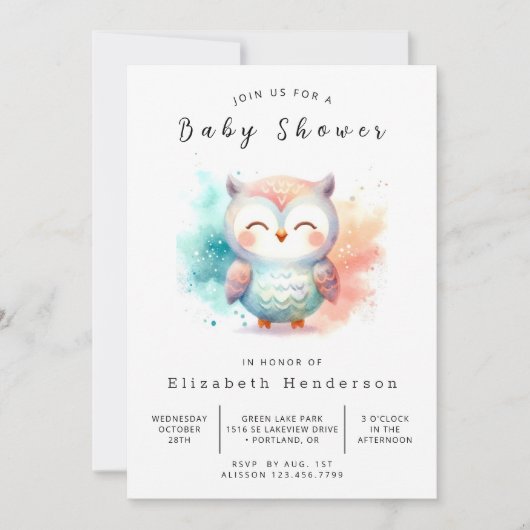 Waterverf bewerkbare uil Baby shower Kaart (Voorkant)