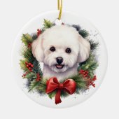 Waterverf Bichon Frise Dog Red Bow Wreath Keramisch Ornament (Voorkant)