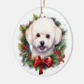 Waterverf Bichon Frise Dog Red Bow Wreath Keramisch Ornament (Links)
