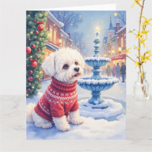 Waterverf Bichon Frise Festieve Fontein Kerstmis Kaart