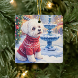 Waterverf Bichon Frise Festieve Fontein Kerstmis Keramisch Ornament