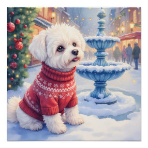 Waterverf Bichon Frise Festieve Fontein Kerstmis Perfect Poster