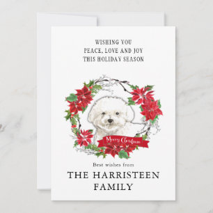 Waterverf Bichon Frise Poinsettia Wreath Feestdagenkaart