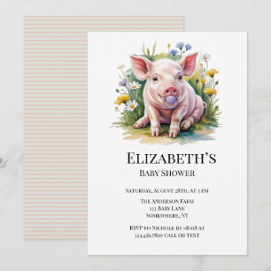 Waterverf Biggetje Wilde Bloemen Baby Shower Kaart