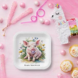 Waterverf Biggetje Wilde Bloemen Baby Shower Papieren Bordje