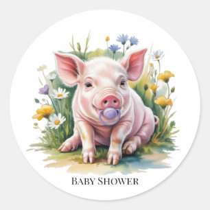 Waterverf Biggetje Wilde Bloemen Baby Shower Ronde Sticker