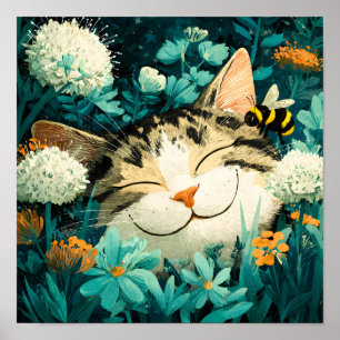 Waterverf Bij Slapende Kat Bloem Tuin Poster