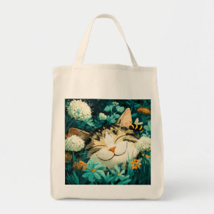 Waterverf Bij Slapende Kat Bloem Tuin Tote Bag