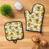 Waterverf bijen en zonnebloemen geel ovenwant & pannenlap set (Top down)