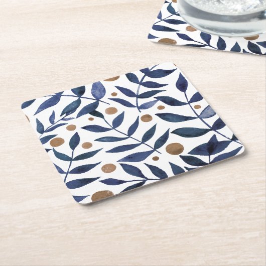 Waterverf bijkantoren en bessen - indigo en beige kartonnen onderzetters (Schuin)