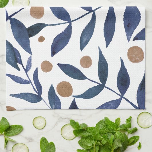 Waterverf bijkantoren en bessen - indigo en beige theedoek (Gevouwen)