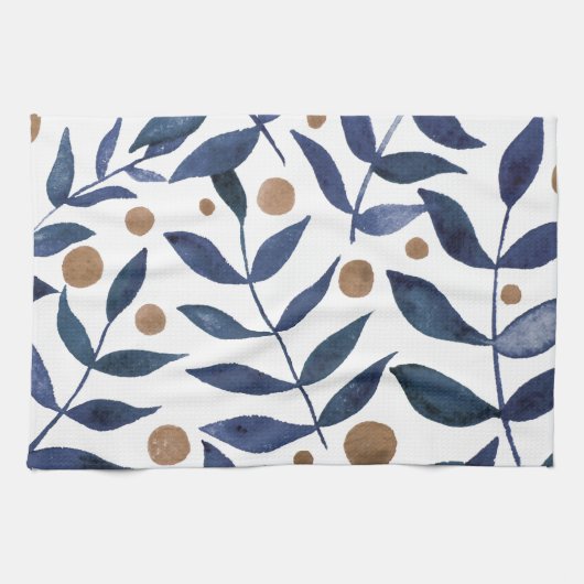 Waterverf bijkantoren en bessen - indigo en beige theedoek (Horizontaal)