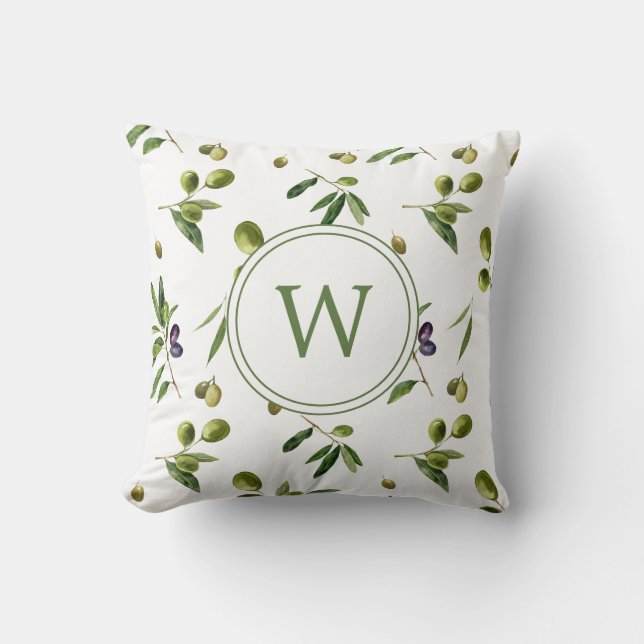 Waterverf Biologische Olijven Monogram Kussen (Voorkant)