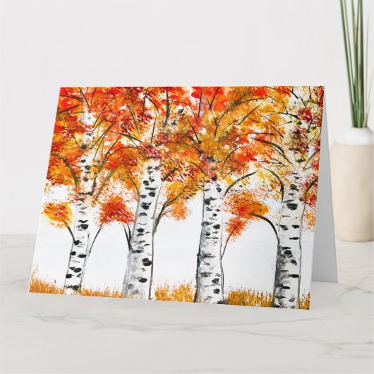 Waterverf Birches Trees Herfst najaar oranje blade Kaart (Voorkant)