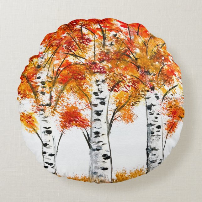 Waterverf Birches Trees Herfst najaar oranje blade Rond Kussen (Voorkant)