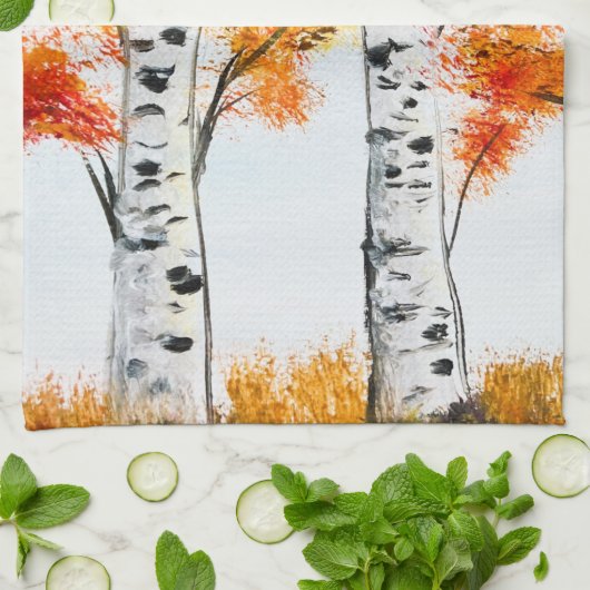 Waterverf Birches Trees Herfst najaar oranje blade Theedoek (Gevouwen)