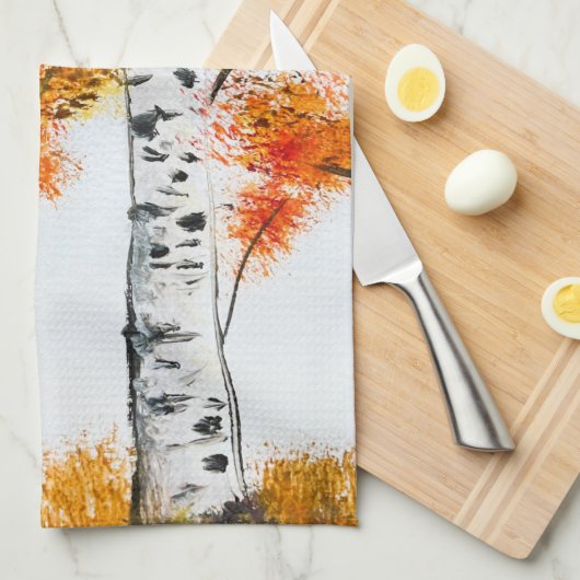 Waterverf Birches Trees Herfst najaar oranje blade Theedoek (Quarter Fold)