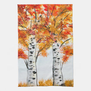 Waterverf Birches Trees Herfst najaar oranje blade Theedoek
