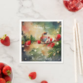 Waterverf Bird and Berry Branch Kerstmis Servet (Insitu)