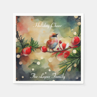 Waterverf Bird and Berry Branch Kerstmis Servet