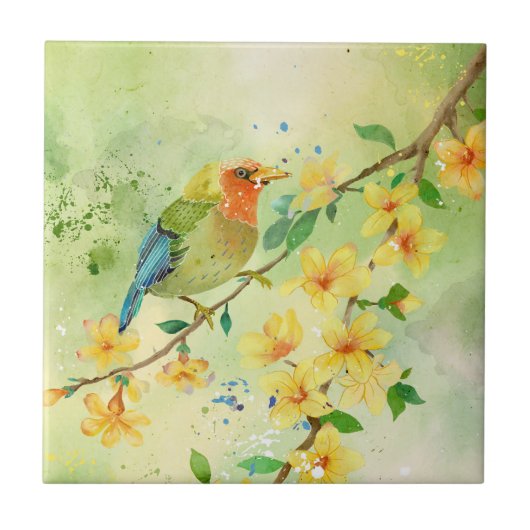 Waterverf Bird and Bloom Art Naturalist Painting Tegeltje (Voorkant)
