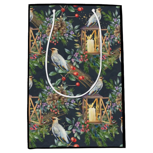 Waterverf Bird and Lantern Design Kerstmis Medium Cadeauzakje (Voorkant)