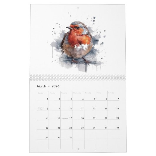 Waterverf Bird Collectie, op maat Kalender (Mar 2026)