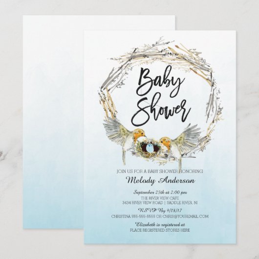 Waterverf Bird Nest Boys Baby shower Invite Kaart (Voorkant / Achterkant)