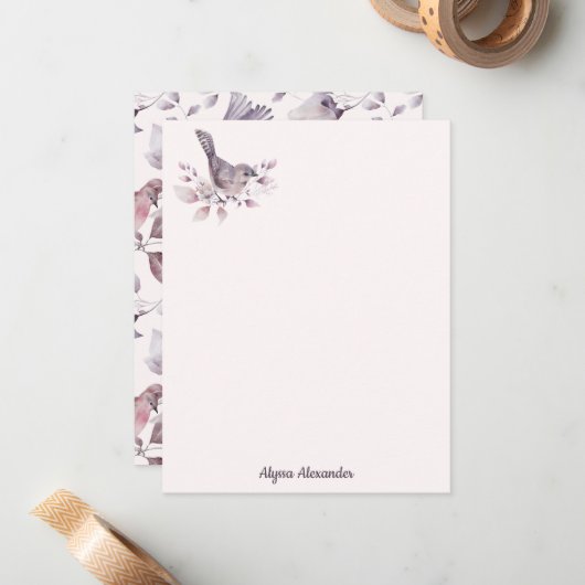 Waterverf Bird Stylish Feminine Trendy Blush Pink Notitiekaartje (Voorkant / Achterkant in situ)