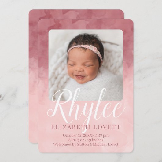 Waterverf Birth van Burgundy en Pink Ombre Aankondiging (Voorkant / Achterkant)