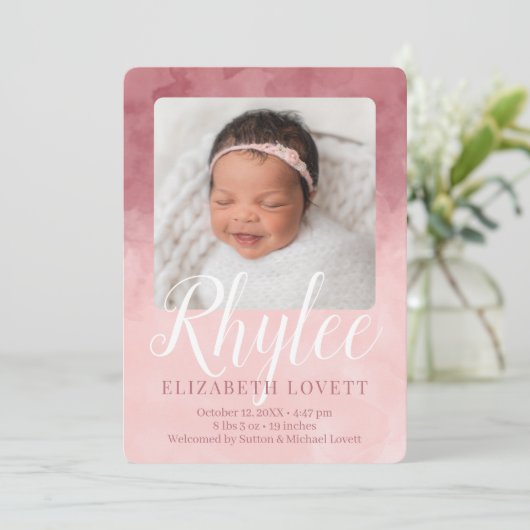 Waterverf Birth van Burgundy en Pink Ombre Aankondiging (Staand voorkant)