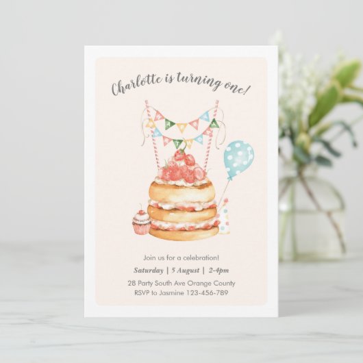 Waterverf Birthday Cake Invitation Kaart (Staand voorkant)