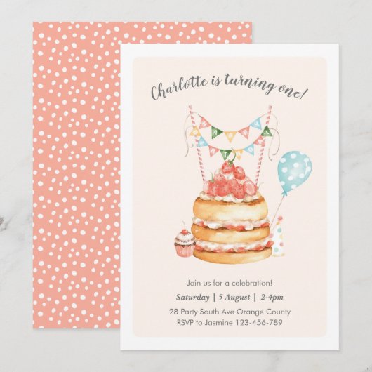 Waterverf Birthday Cake Invitation Kaart (Voorkant / Achterkant)
