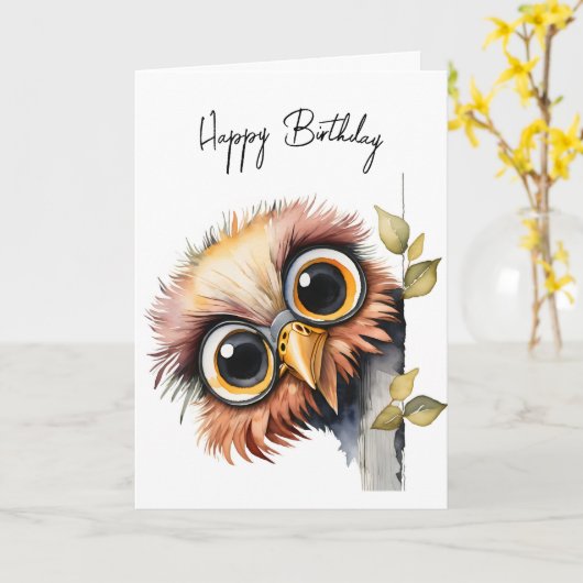 Waterverf Birthday Owl Kaart (Gele Bloem)