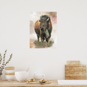 Waterverf Bison Buffalo Cottagecore rustieke print