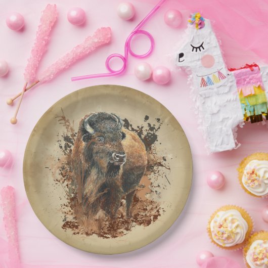 Waterverf Bison Buffalo Dierlijke Natuur in het wi Papieren Bordje (Feest)