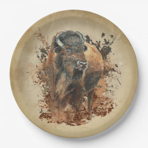 Waterverf Bison Buffalo Dierlijke Natuur in het wi Papieren Bordje