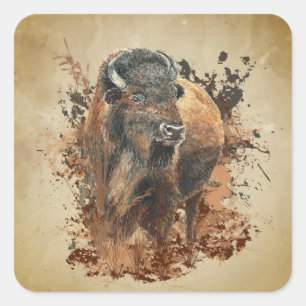 Waterverf Bison Buffalo Dierlijke Natuur in het wi Vierkante Sticker
