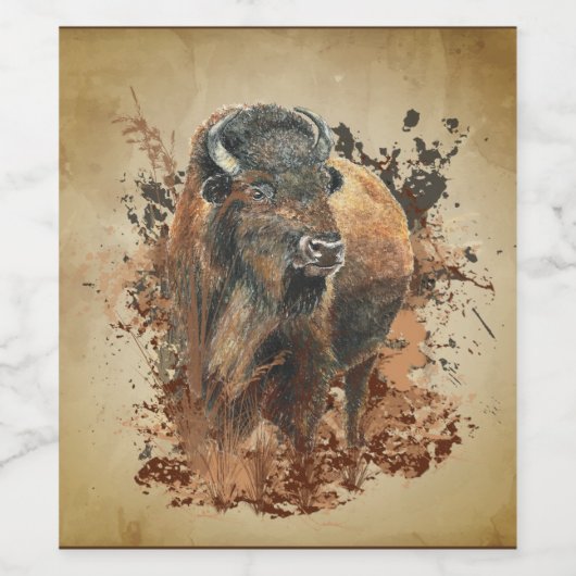 Waterverf Bison Buffalo Dierlijke Natuur in het wi Wijn Etiket (Enkel label)