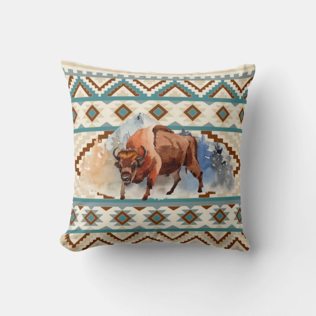Waterverf Bison Buffalo Southwest Tribal Patroon Kussen (Voorkant)