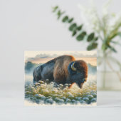 Waterverf Bison White Wildflower Briefkaart (Staand voorkant)