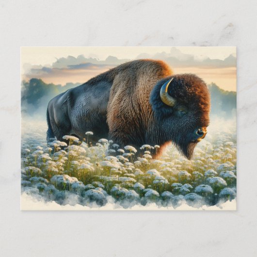 Waterverf Bison White Wildflower Briefkaart (Voorkant)