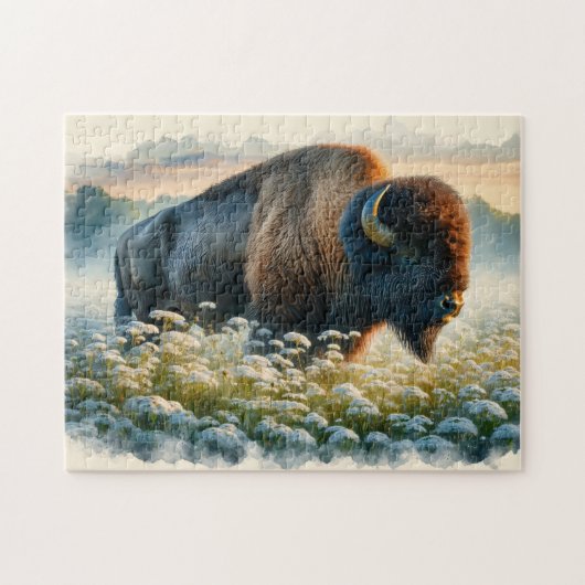 Waterverf Bison White Wildflower Legpuzzel (Horizontaal)