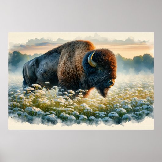 Waterverf Bison White Wildflower Poster (Voorkant)