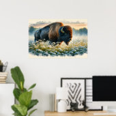 Waterverf Bison White Wildflower Poster (Thuiskantoor)