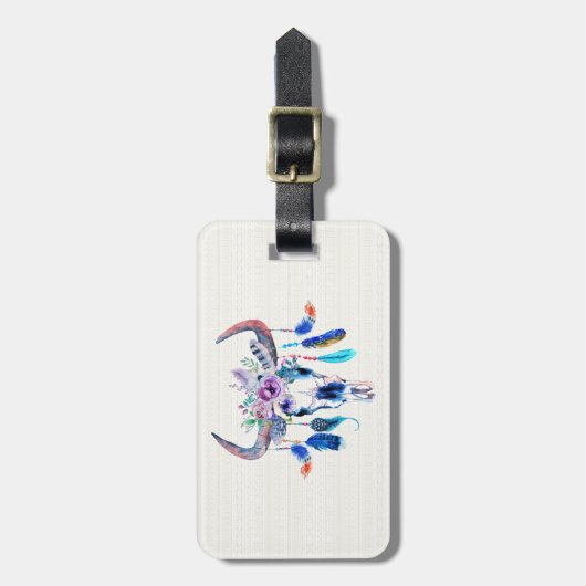 Waterverf bizon hoofd schedel en bloemen bagagelabel (Voorkant verticaal)