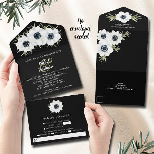 Waterverf Black and White Floral Wedding All In One Uitnodiging